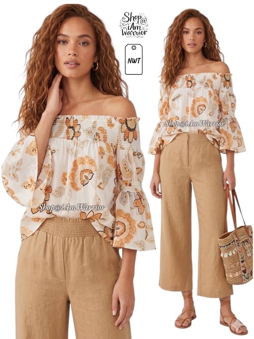 Lauren Conrad floral smocked off shoulder boho top *shop@iamwarrior